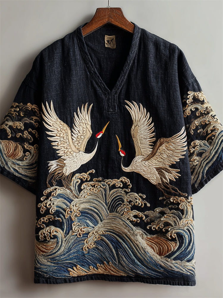Men’s Cranes & Waves Embroidered Linen Kimono Shirt | Japanese Boho Artistic Top by Urbantrenz