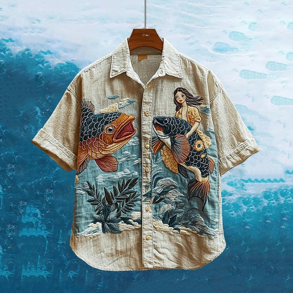Ocean Fantasy Embroidered Shirt – Artistic Mermaid & Fish Design Beachwear by ShopsyKart