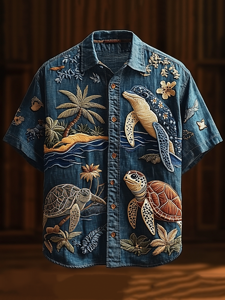 Handcrafted Ocean Turtle Embroidered Shirt – Tropical Beach Casual Wear | Urbantrenz