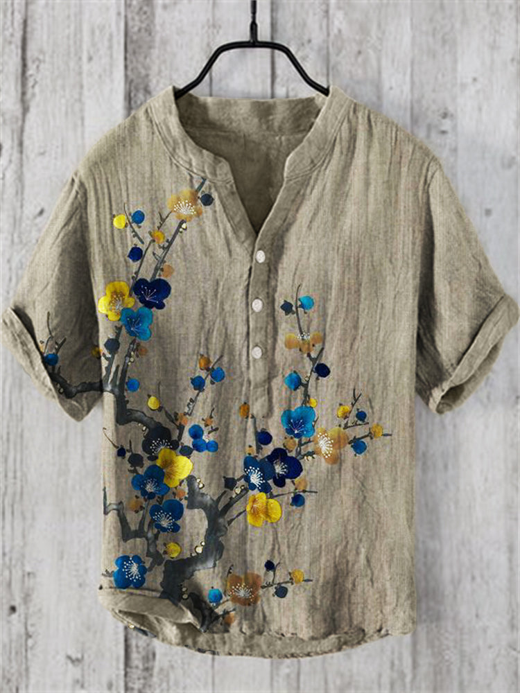 Men’s Floral Embroidered Linen Shirt | Vintage Boho Summer Top by Urbantrenz