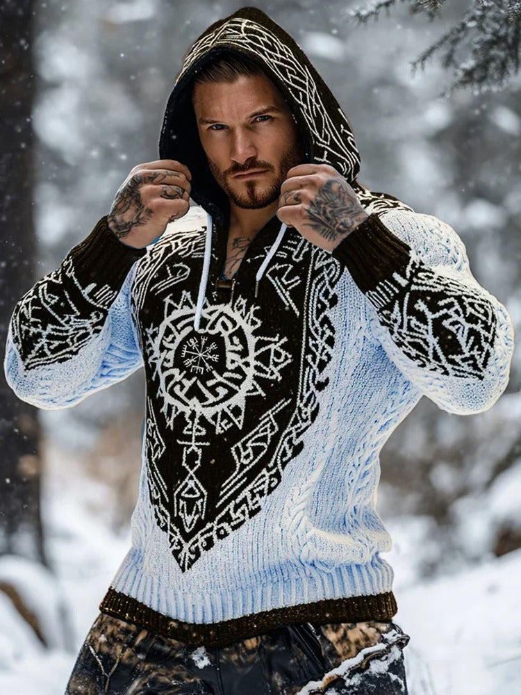 Men’s Nordic Rune Knit Hooded Sweater – White & Black | Urbantrenz