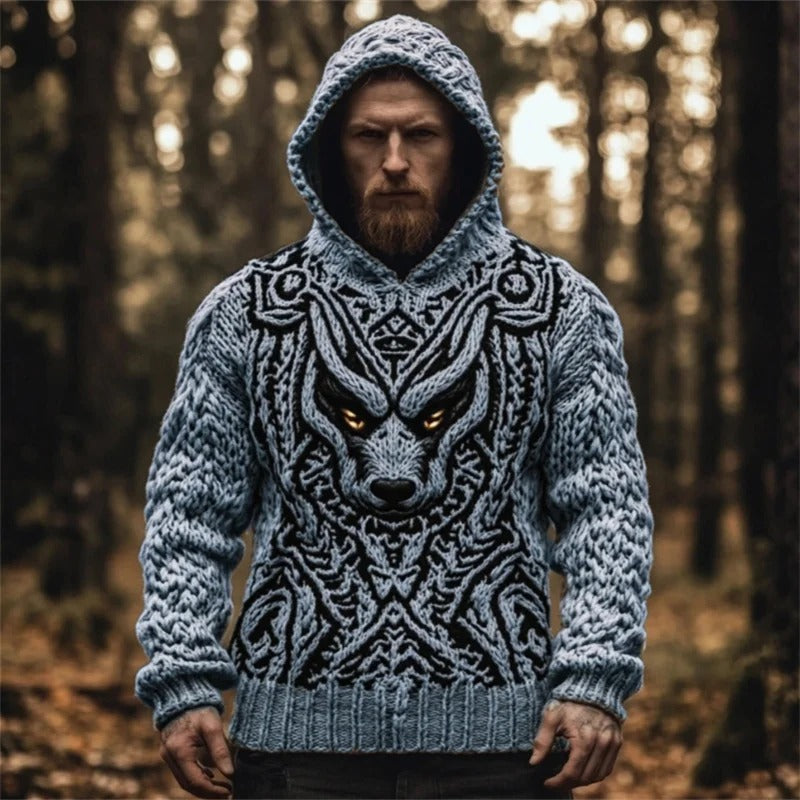 Men’s Viking Wolf Knit Hoodie – Nordic Warrior Sweater | Urbantrenz