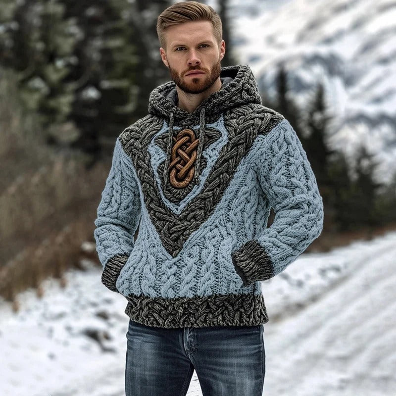 Men’s Viking Heritage Knit Hoodie – Light Blue Wool Cable Sweater | Urbantrenz