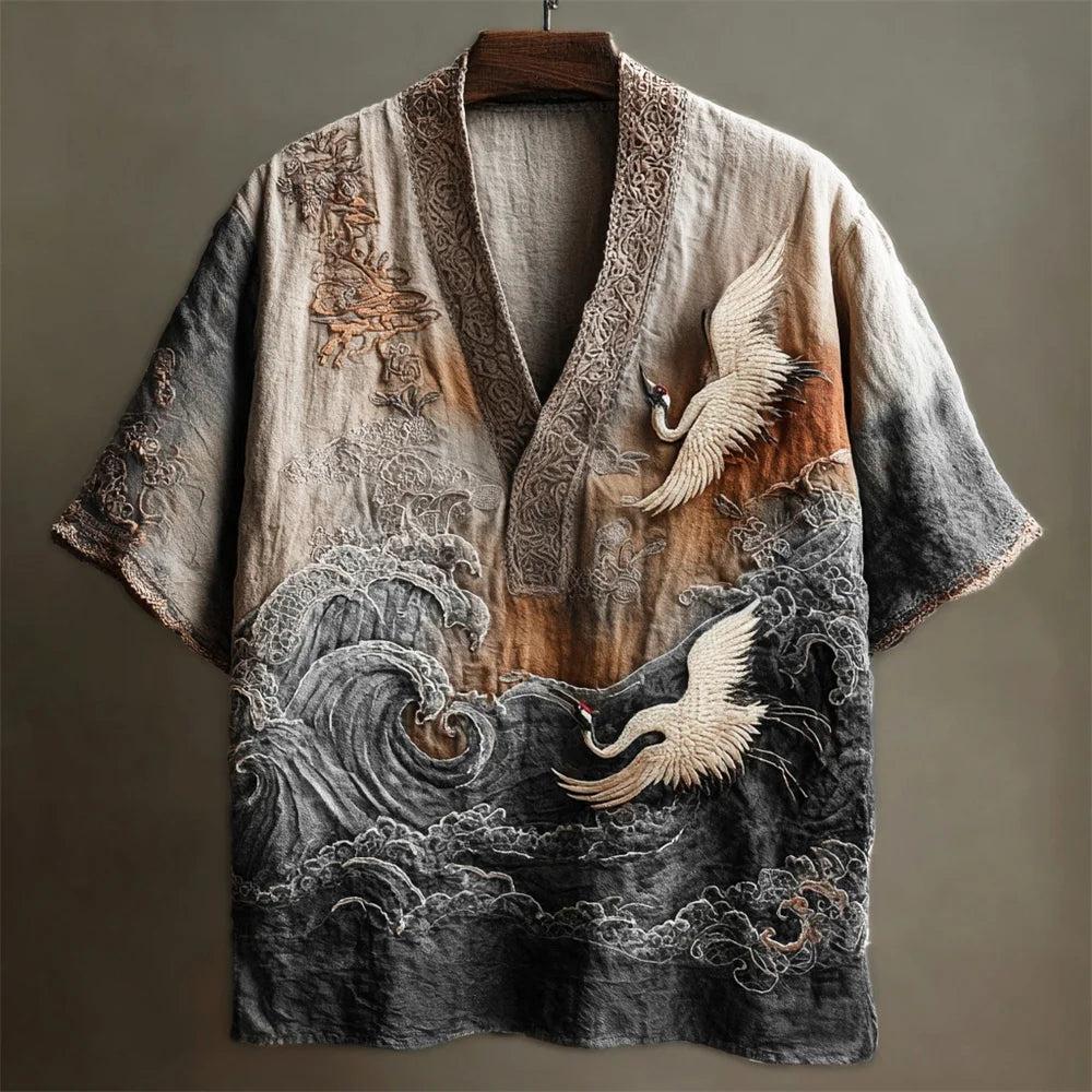 Men’s Japanese Crane & Wave Embroidered Linen Shirt | Vintage Kimono Style Artwear by Urbantrenz