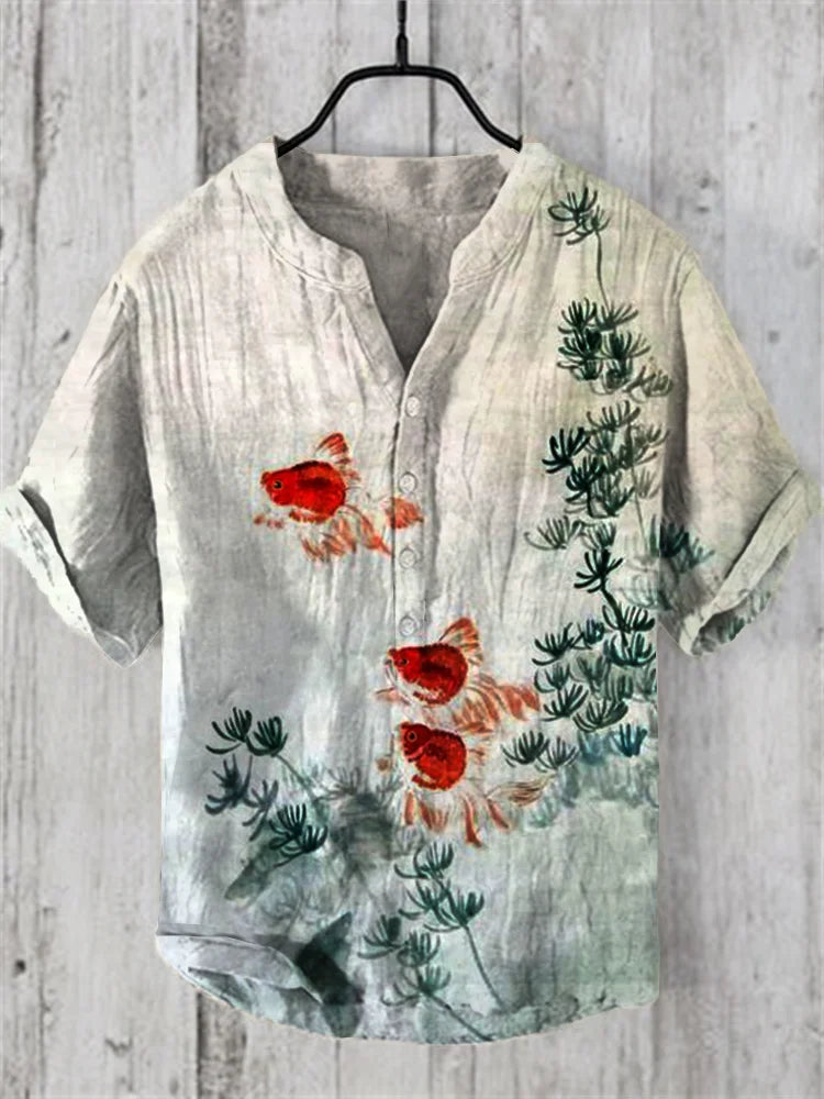 Men’s Red Goldfish Print Cotton Linen Shirt | Artistic Summer Casual Shirt by Urbantrenz