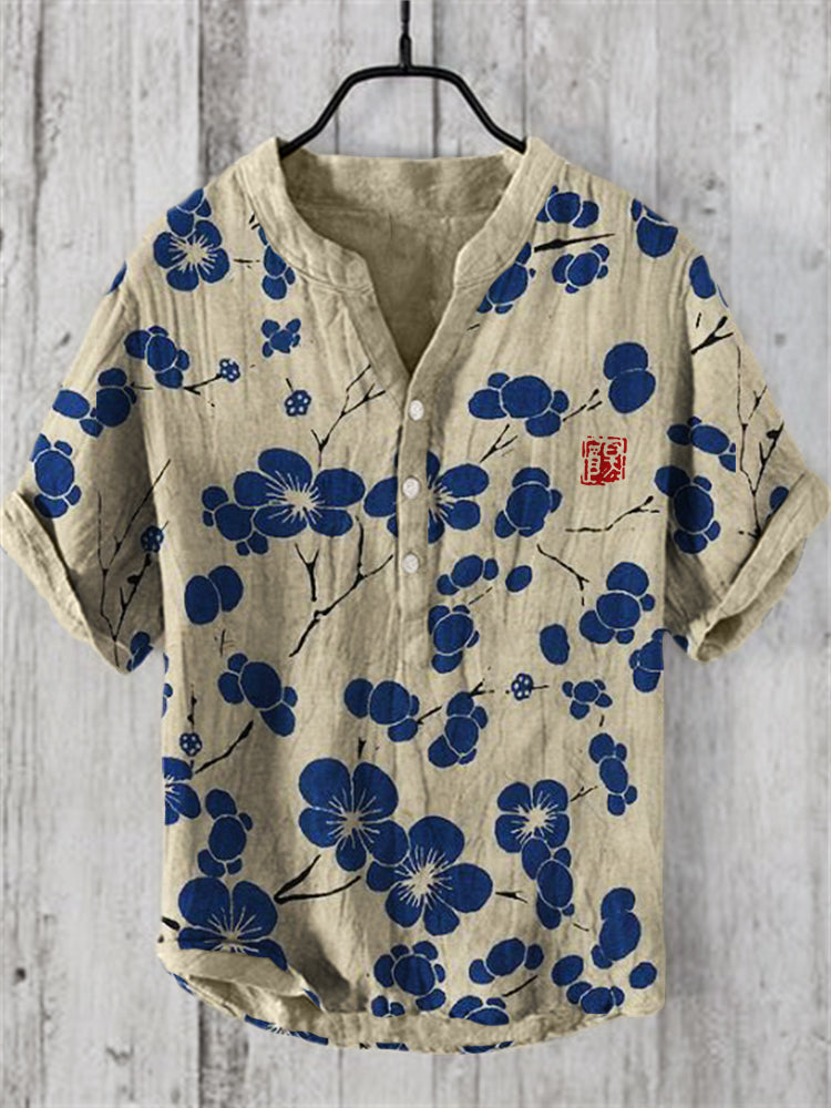 Japanese Red Blossom Cotton Linen Shirt – Artistic Floral Casual Wear by Urbantrenz