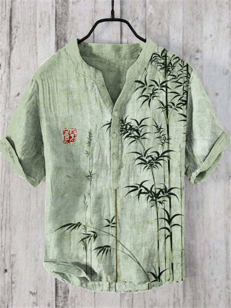 Men’s Green Bamboo Print Cotton Linen Shirt | Nature-Inspired Casual Wear by Urbantrenz