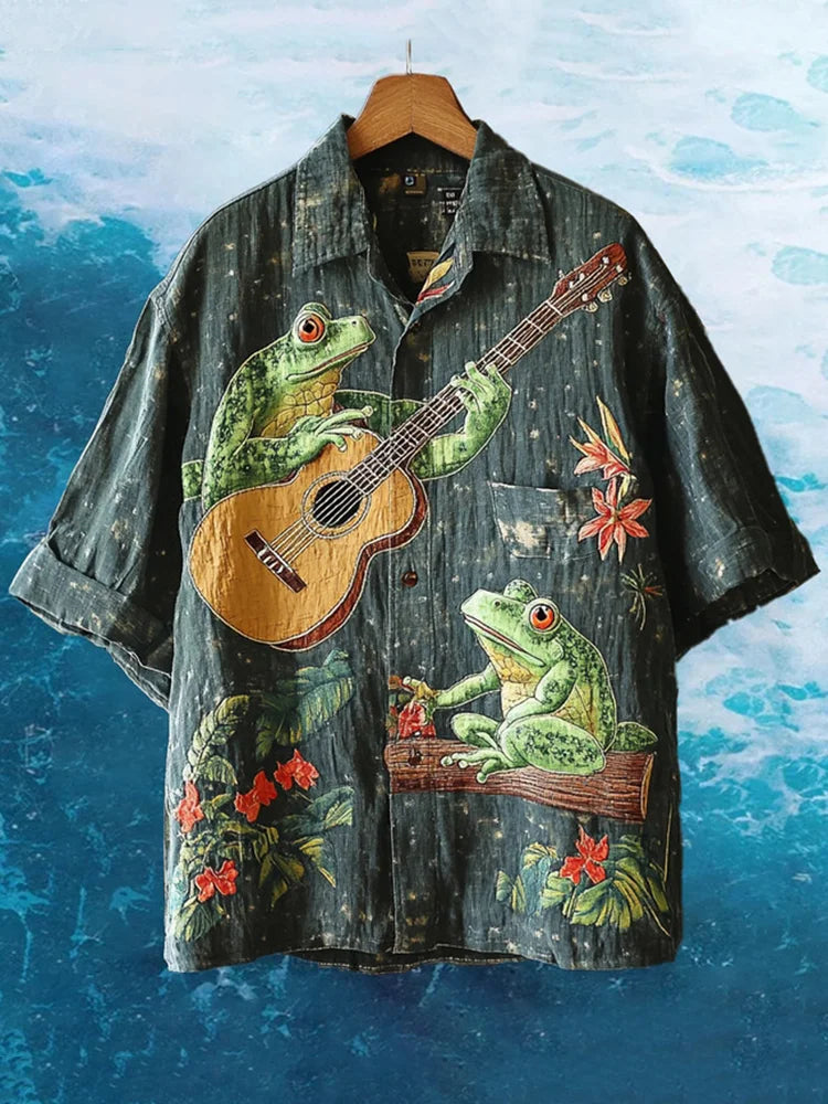 Tropical Guitar Frog Embroidered Hawaiian Shirt – Fun Beach Party Wear by ShopsyKart