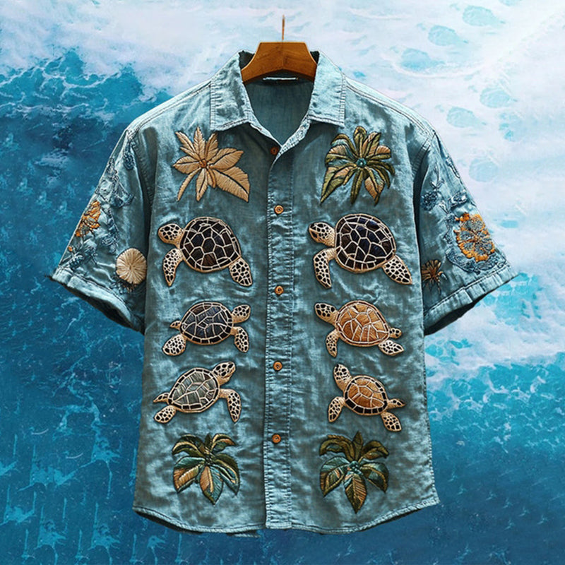 Sea Turtle Paradise Embroidered Hawaiian Shirt – Ocean Palm Beachwear by ShopsyKart