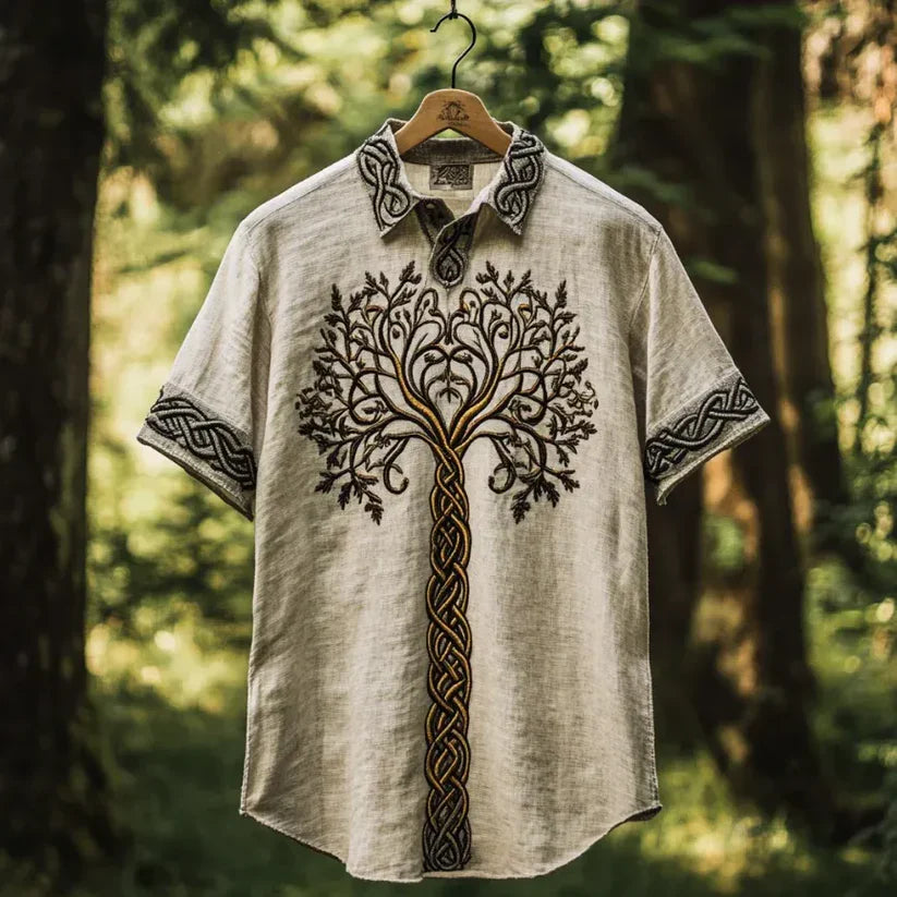 Men’s Celtic Tree of Life Embroidered Linen Shirt – Bohemian Heritage Tunic | Urbantrenz