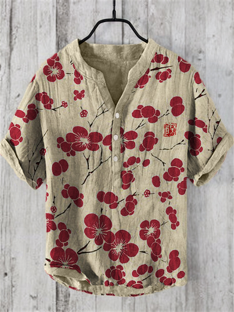 Japanese Red Blossom Cotton Linen Shirt – Artistic Floral Casual Wear by Urbantrenz