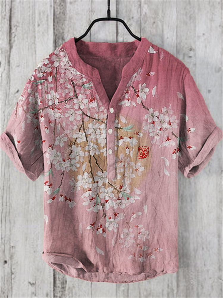 Japanese Pink Sakura Blossom Cotton Linen Shirt – Elegant Floral Summer Wear by Urbantrenz
