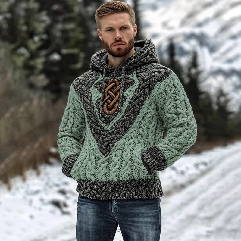 Men’s Viking Heritage Knit Hoodie – Light Blue Wool Cable Sweater | Urbantrenz