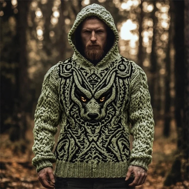Men’s Viking Wolf Knit Hoodie – Nordic Warrior Sweater | Urbantrenz