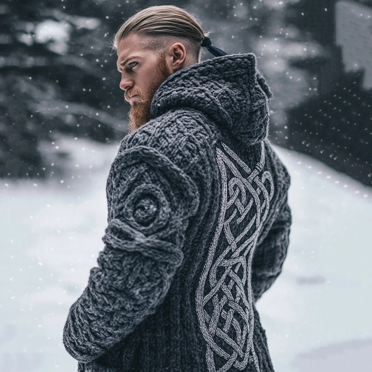 Men’s Viking Warrior Knit Hoodie – Dark Grey Wool Cable Sweater | Urbantrenz