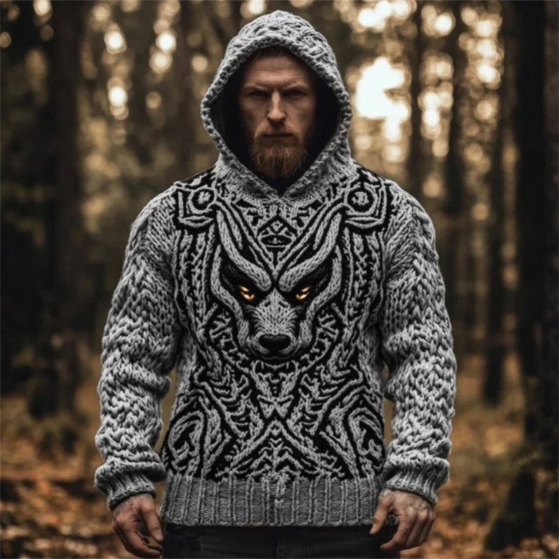 Men’s Viking Wolf Knit Hoodie – Nordic Warrior Sweater | Urbantrenz