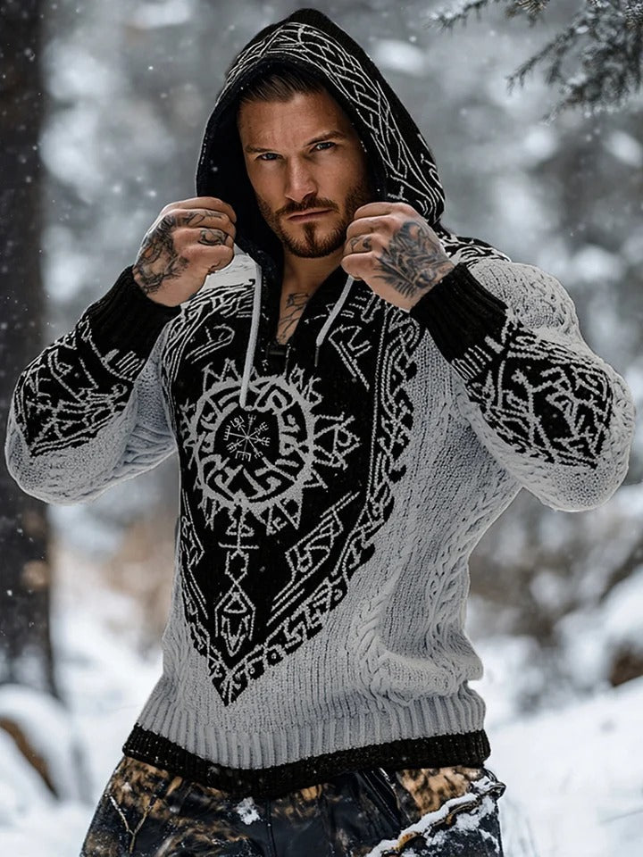 Men’s Nordic Rune Knit Hooded Sweater – White & Black | Urbantrenz