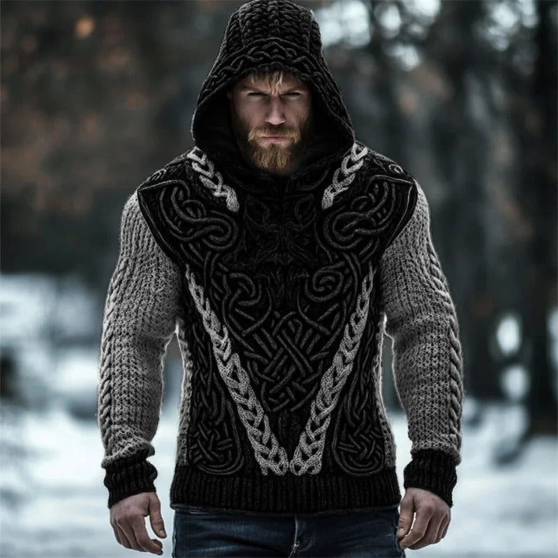 Men’s Viking Knit Hooded Winter Sweater – Black & Grey | Urbantrenz