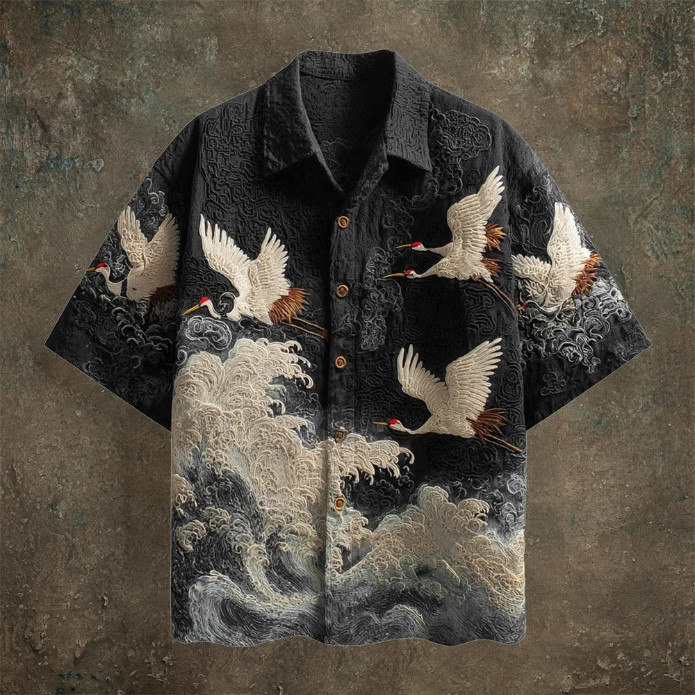 Men’s Vintage Embroidered Crane Shirt – Japanese Wave Design Cotton Linen Shirt | Urbantrenz