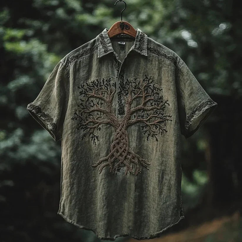 Men’s Dark Green Celtic Tree of Life Embroidered Linen Shirt | Vintage Boho Tunic by Urbantrenz