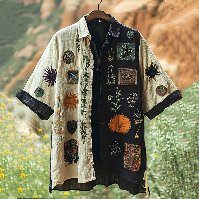 Men’s Japanese Embroidered Crane Shirt – Vintage Cotton Linen Wave Design | Urbantrenz