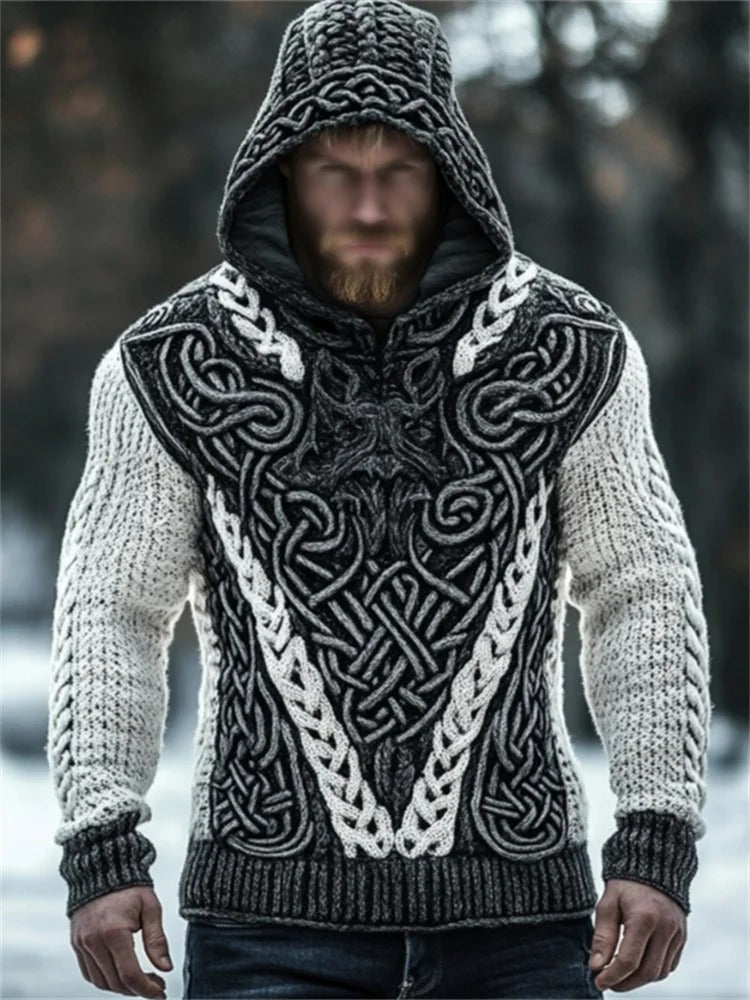 Men’s Viking Knit Hooded Winter Sweater – Black & Grey | Urbantrenz