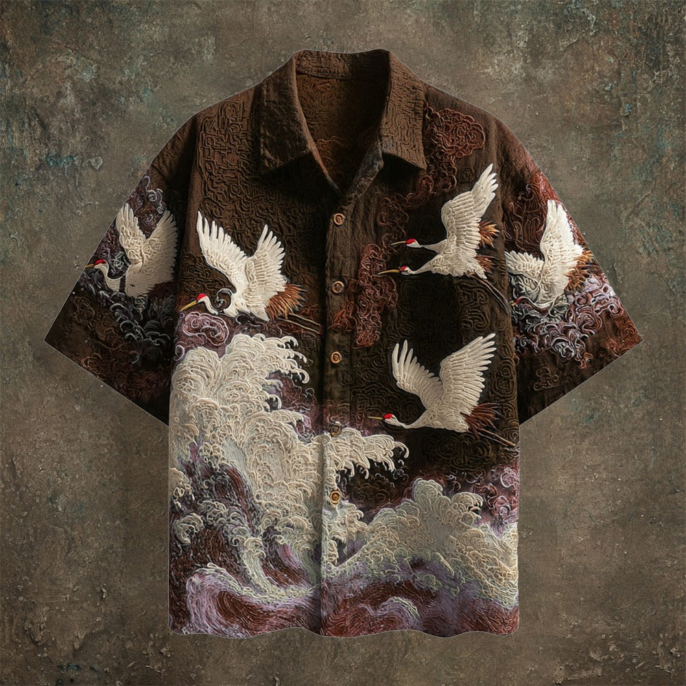 Men’s Vintage Embroidered Crane Shirt – Japanese Wave Design Cotton Linen Shirt | Urbantrenz