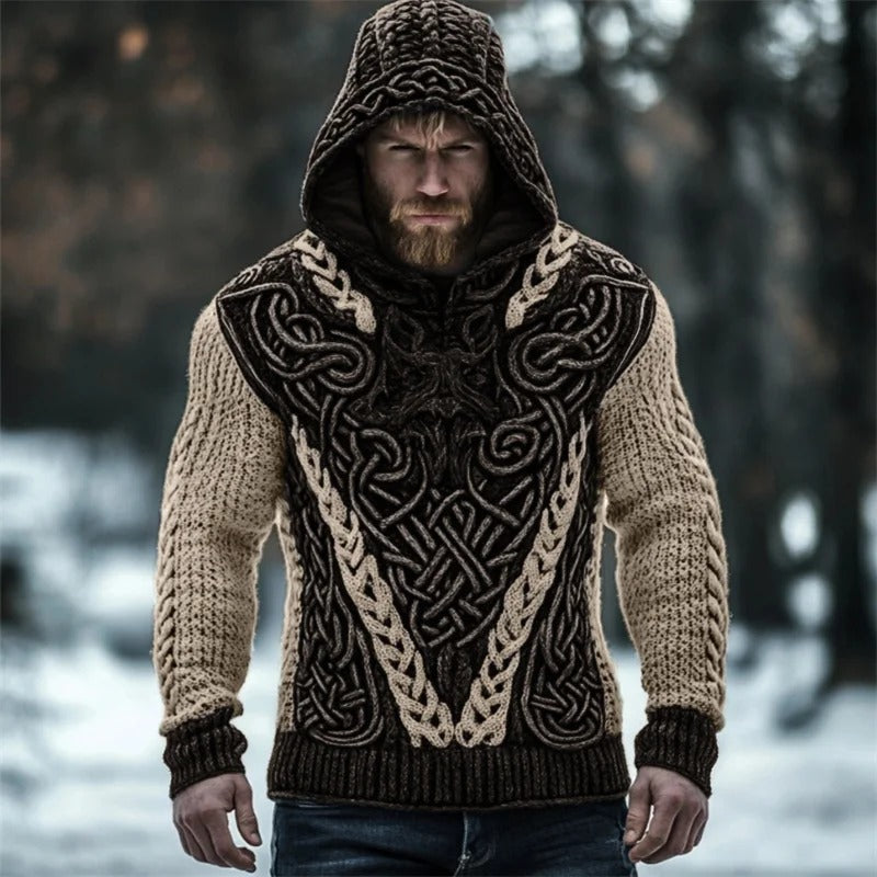 Men’s Viking Knit Hooded Winter Sweater – Black & Grey | Urbantrenz