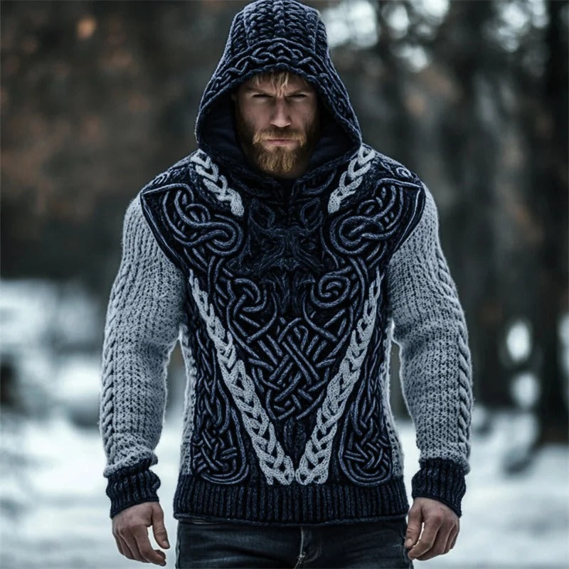 Men’s Viking Knit Hooded Winter Sweater – Black & Grey | Urbantrenz