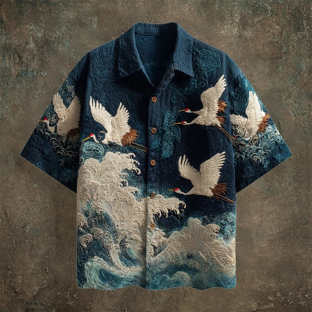 Men’s Vintage Embroidered Crane Shirt – Japanese Wave Design Cotton Linen Shirt | Urbantrenz