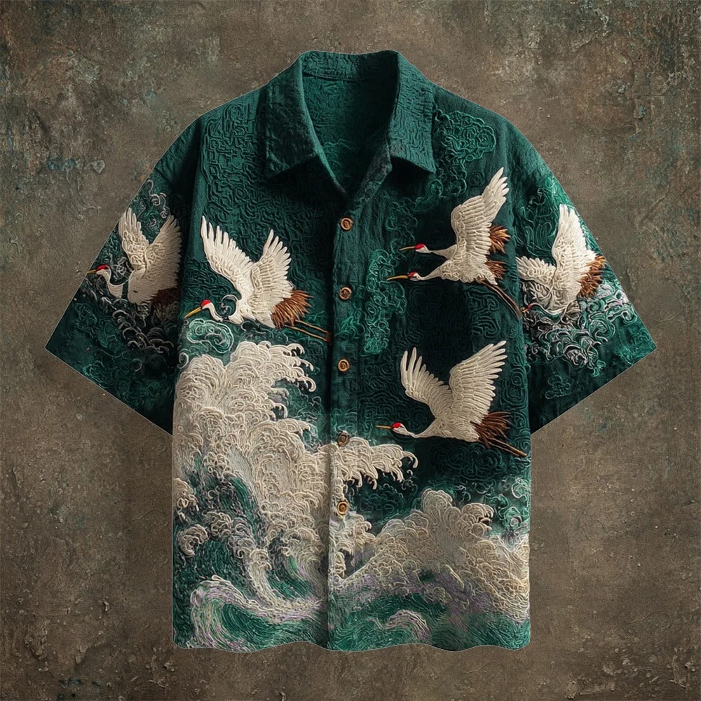 Men’s Vintage Embroidered Crane Shirt – Japanese Wave Design Cotton Linen Shirt | Urbantrenz