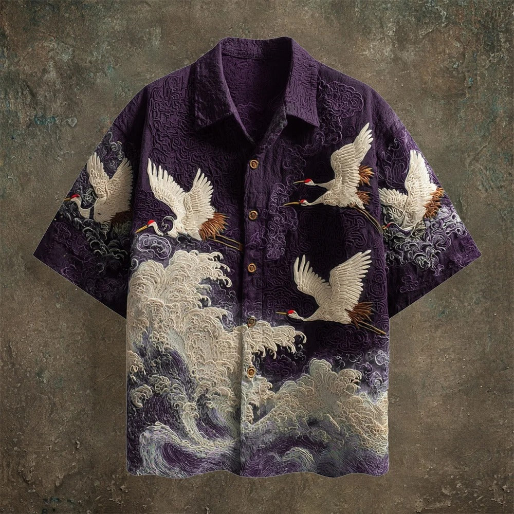 Men’s Vintage Embroidered Crane Shirt – Japanese Wave Design Cotton Linen Shirt | Urbantrenz