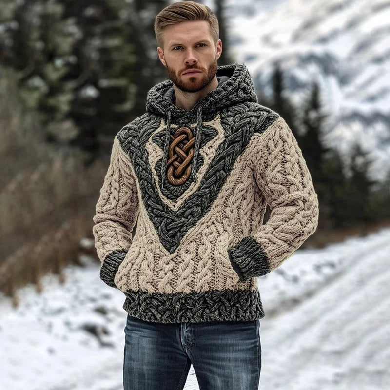 Men’s Viking Heritage Knit Hoodie – Light Blue Wool Cable Sweater | Urbantrenz