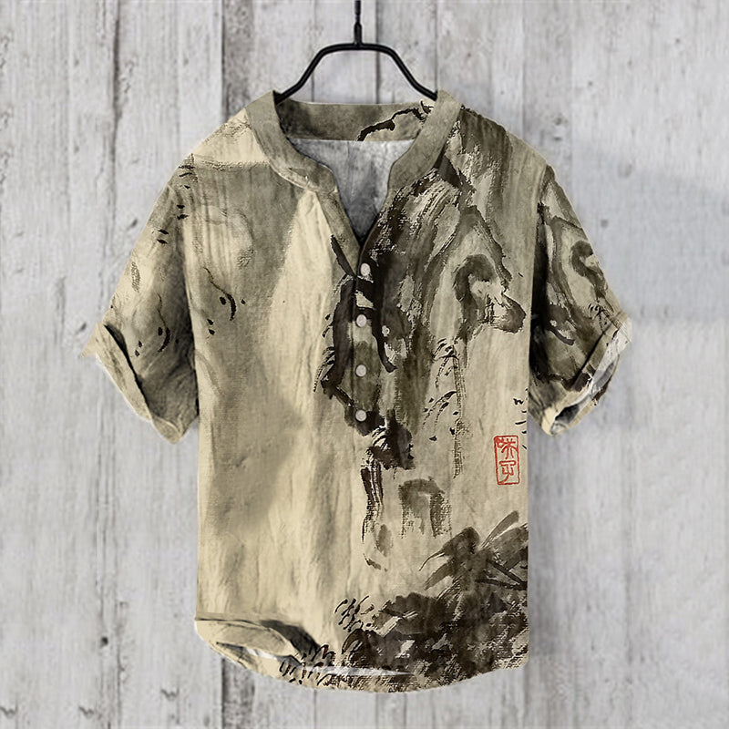 Men’s Khaki Ink Brush Art Cotton Shirt | Asian Artistic Casual Half Sleeve Shirt – Urbantrenz