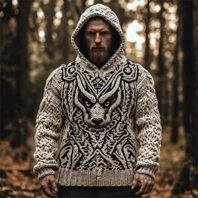 Men’s Viking Wolf Knit Hoodie – Nordic Warrior Sweater | Urbantrenz