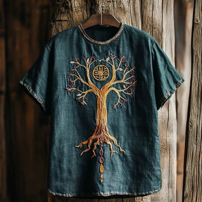 Men’s Tree of Life Embroidered Linen Shirt | Spiritual Boho Artwear by Urbantrenz