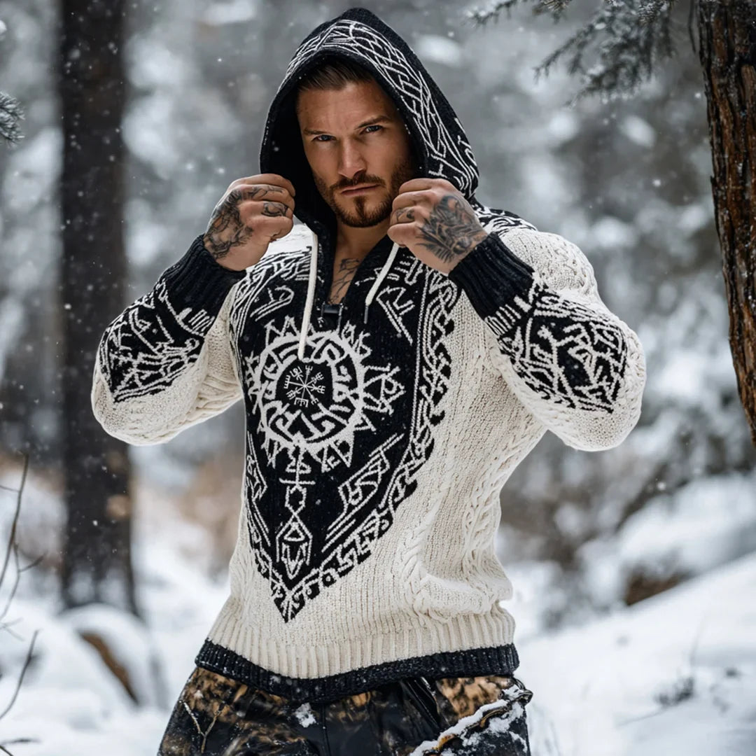 Men’s Nordic Rune Knit Hooded Sweater – White & Black | Urbantrenz