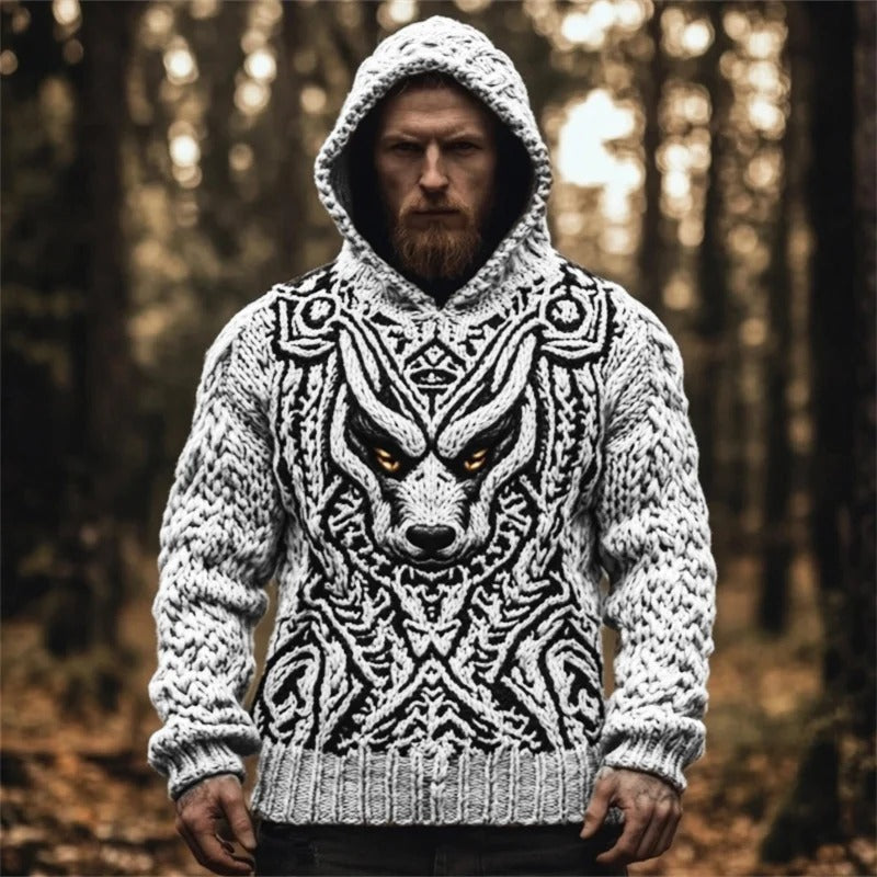Men’s Viking Wolf Knit Hoodie – Nordic Warrior Sweater | Urbantrenz