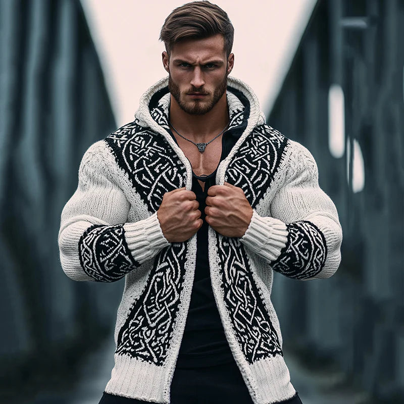 Men’s Viking Zip Knit Hooded Cardigan – White & Black | Urbantrenz